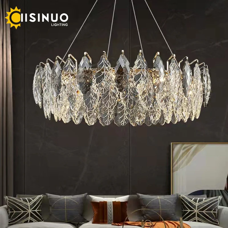 moderna sala de estar luxo lustre redondo smoky cinza cristal interior entregando lampada ouro led quarto decoracao para casa luminaria 01