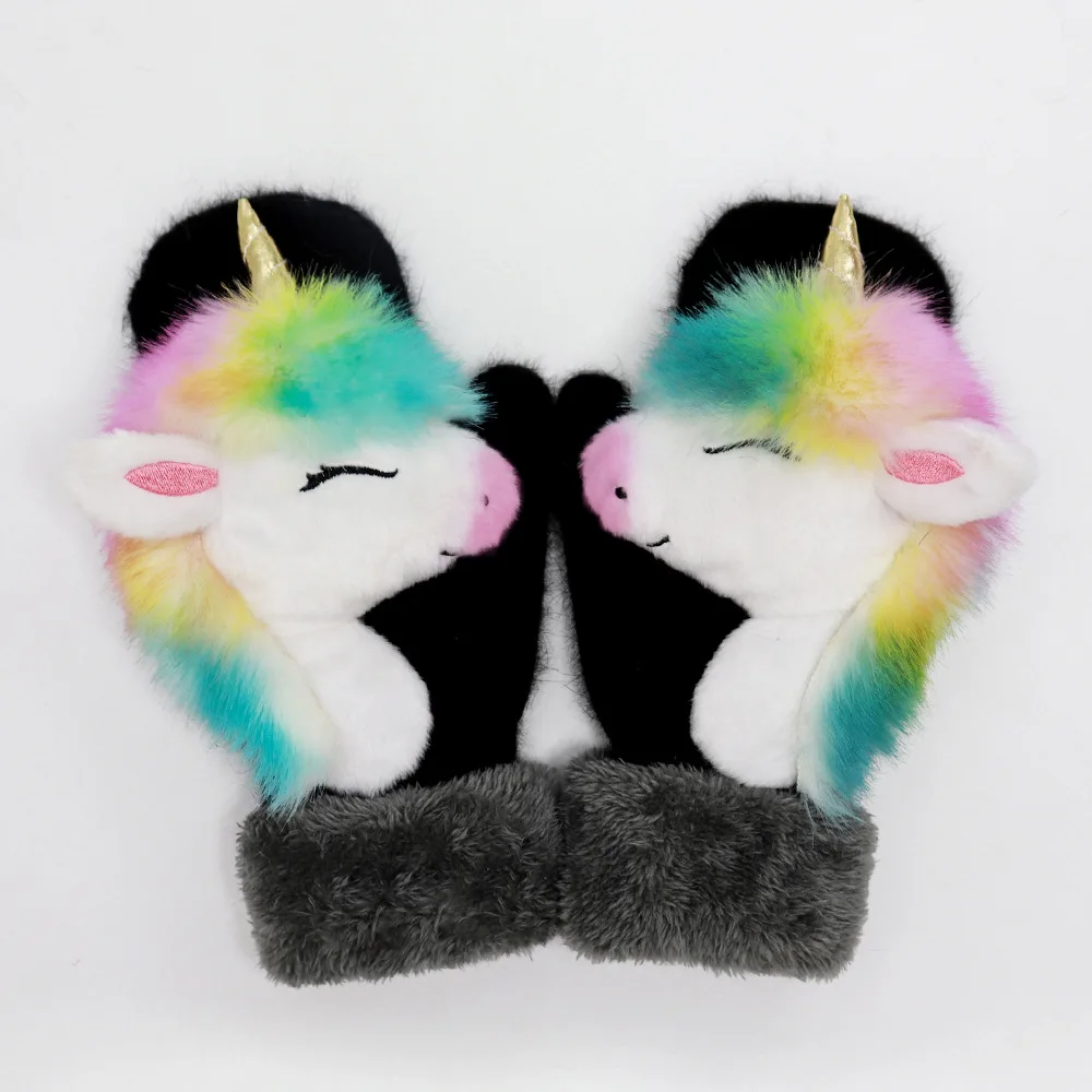 Female Warm Winter Gloves with Unicorn Animals Cat Fox Dog Girls Faux Fur Turn Cuff Extended Length Mittens 22cm