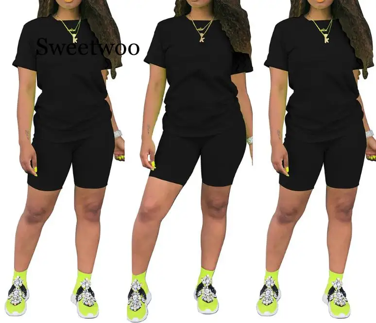 SWEETWOO-conjunto informal de dos piezas para mujer, camiseta de manga corta con cuello de pico y pantalones cortos, trajes de sudor sexys para
