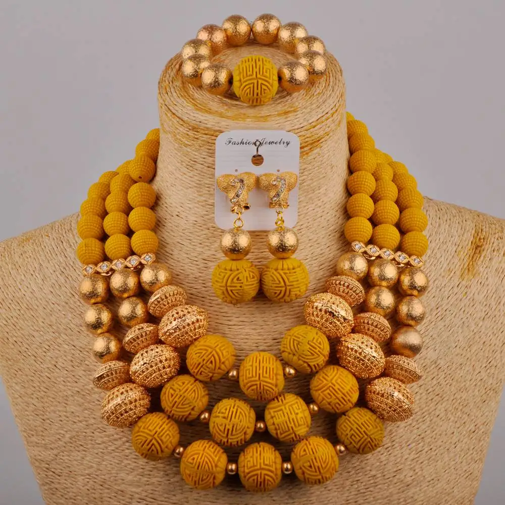 

African Wedding Yellow Coral Round Bead Necklace Wedding Dress Accessories Nigerian Bride Wedding Jewelry Set AU-534