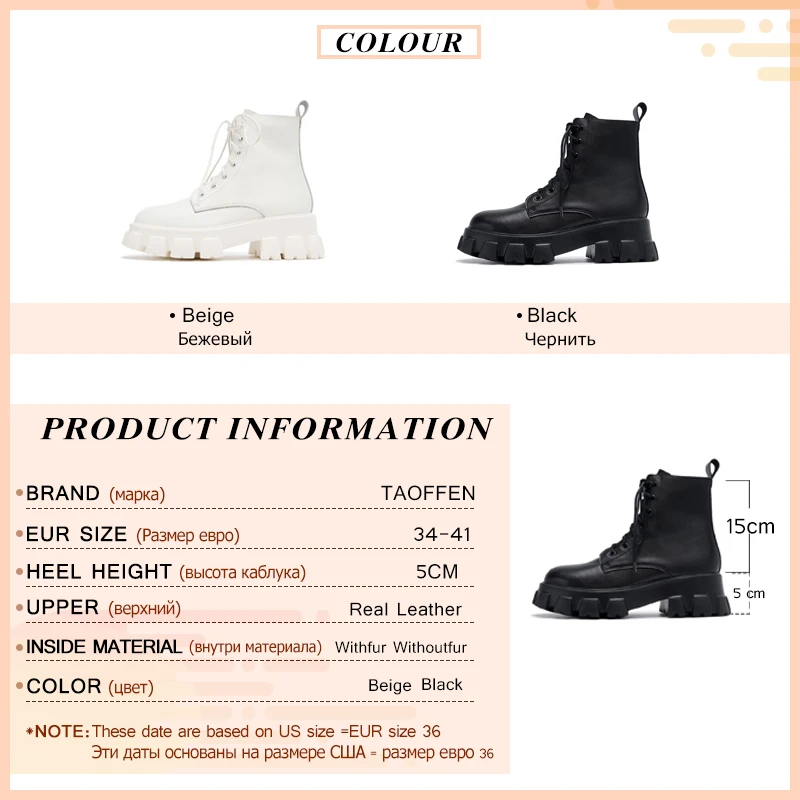 Taoffen Woman\'s Ankle Boots Real Leather Thick Bottom Platform Fashion Lace Up Shoes Woman Daily Footwear Size 34-41