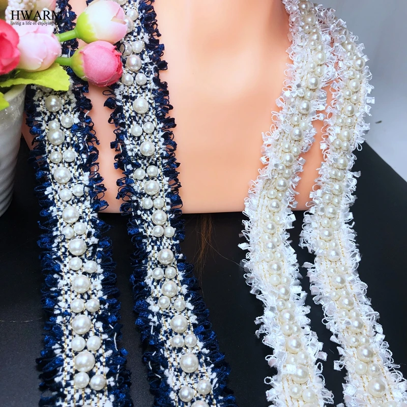 HWARM 5yard 3cm White Pearl lace fabric arts craft sewing fabric nail bead lace DIY manual accessory lace hair ornament bow
