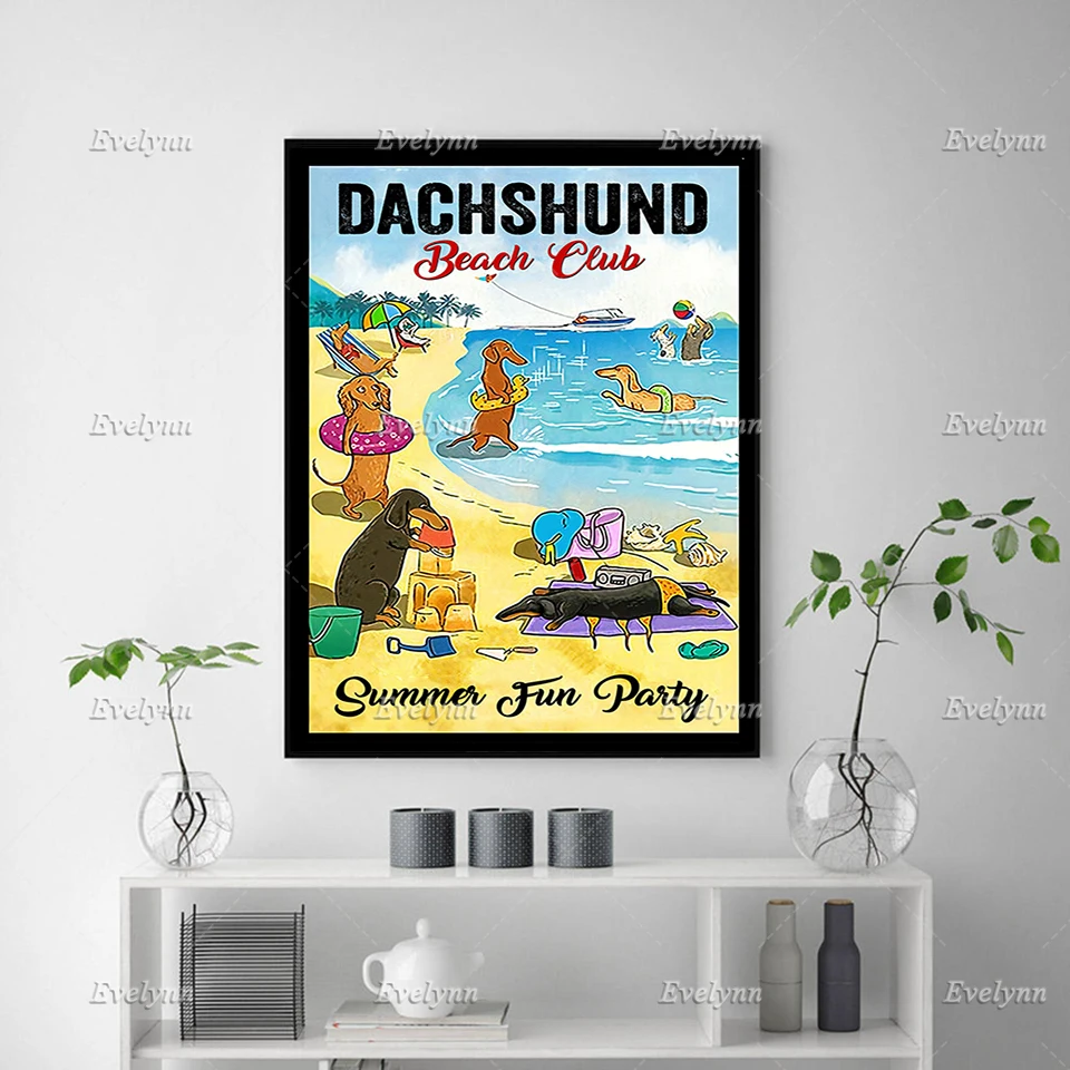 Dachshund Beach Club Summer Fun Party Poster Living Room Decoration Wall Art Prints Home Decor Canvas Gift Floating Frame