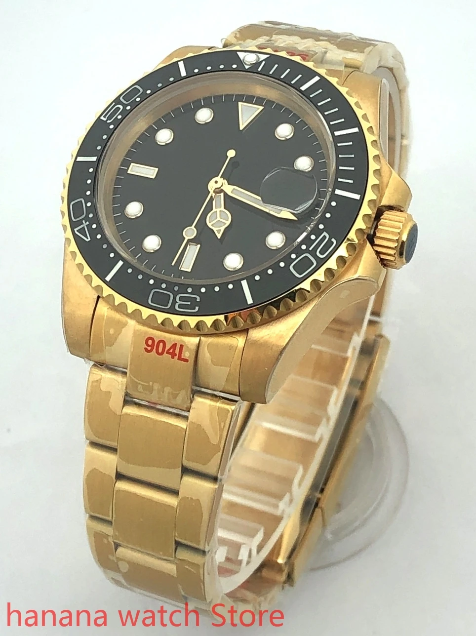 BLIGER-reloj con cristal de zafiro para hombre, pulsera de acero inoxidable dorado con movimiento de perla y bisel giratorio, 904