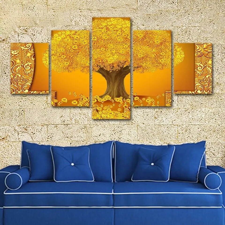 

5 Piece Canvas Yellow Gold Coins Tree Wall Art Print Home Decor HD Pictures 5 Panel Poster No Framed Paintings