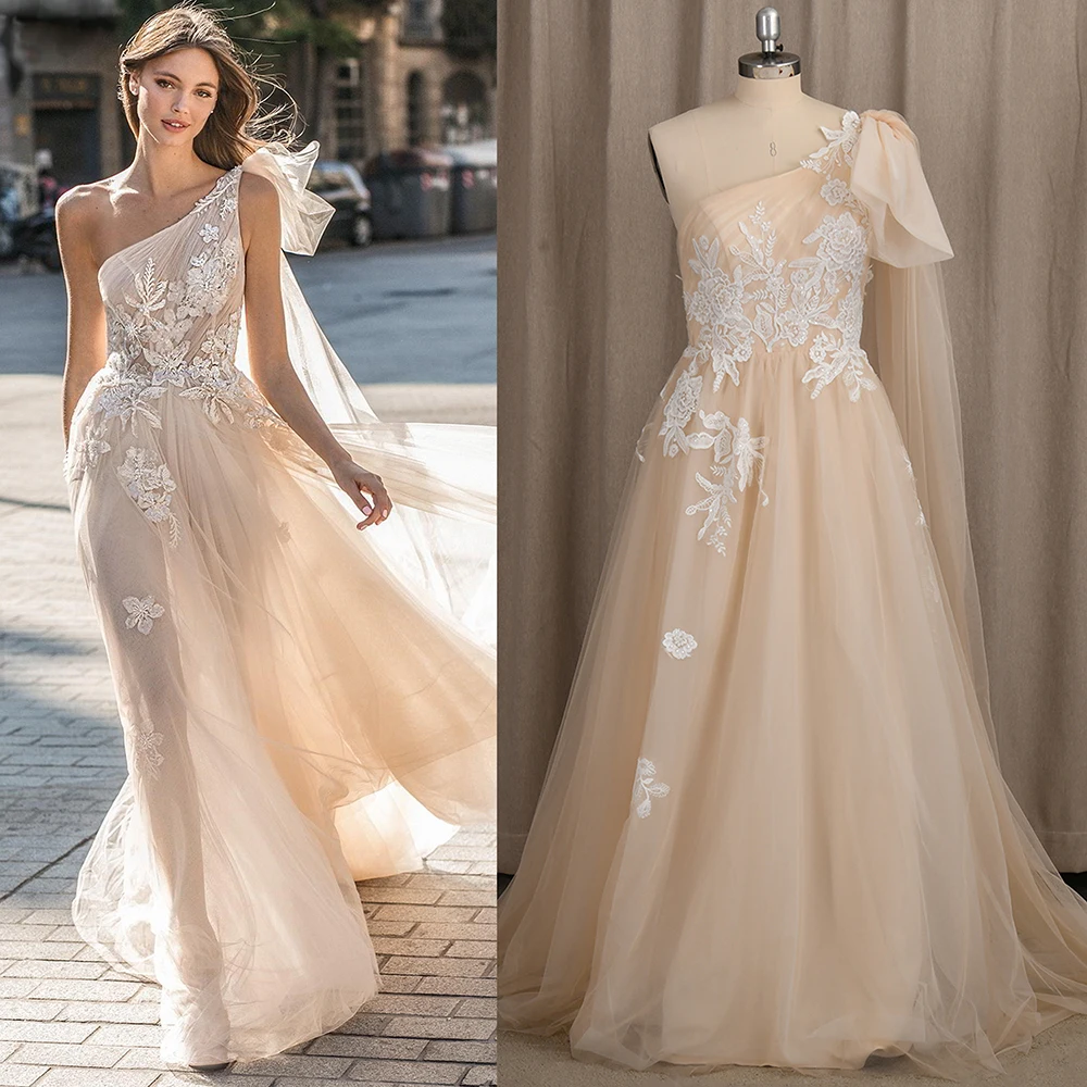 Sexy Eine Schulter Gefaltete Tulle Perlen Hochzeit Kleid Boho Strand EINE Linie Backless Illusion Appliqued Bodenlangen Brautkleider