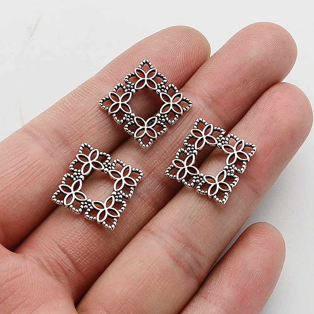 40pcs/Lots 16mm Antique Silver Plated Flower Square Connector Charms Filigree Hollow Pendant For Diy Jewelery Accessories Crafts