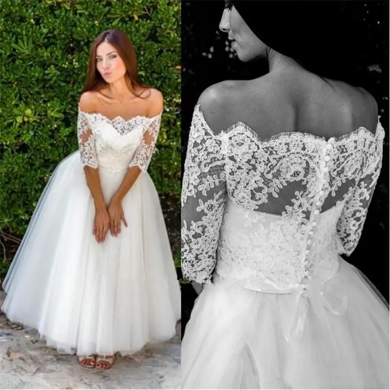 Tea Length Civil Wedding Dress Lace Appliques Vintage A-Line Bridal Gowns Boat Neck Half Sleeves Customized Garden Vestido