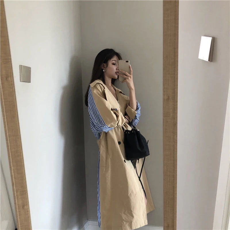 TWOTWINSTYLE Korean Hit Color Windbreaker For Women Lapel Long Sleeve Sashes Print Striped Casual Windbreakers Female Fashion