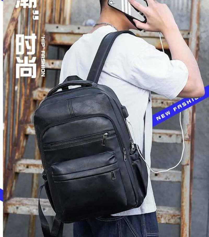 Wholesale New Men High Quality Leather Business Backpack Large Capacity School Bag USB Laptop Bag Casual Travel Shoulder Bags