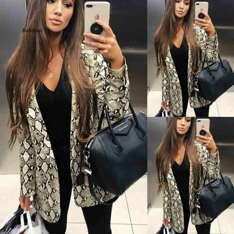 New Women Long Sleeve Snake Printed Turn-Down Collar Outwear Jacket Coat Casual Autumn Winter Elegant Overcoat Loose Coats