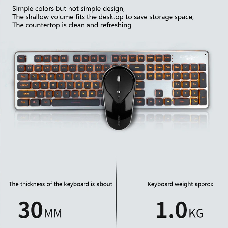 Teclado e mouse conjunto mudo luz e escritório fino teclado sem fio simples luminoso mouse