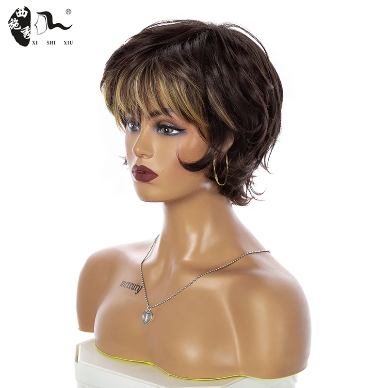 8inch Short Mixed Brown Synthetic Straight Pixie Cut Natural Wave Hair With Bangs For Women High Temperature Fiber Wigs XISHIXIU