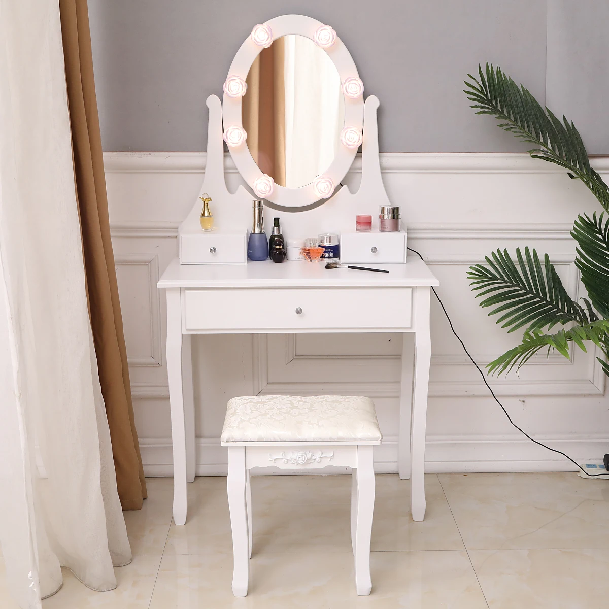 (75 x 40 x 141)cm Dressers Exquisite 360-Degree Rotary Mirror 3-Drawer MDF Dressing Table White In Stock