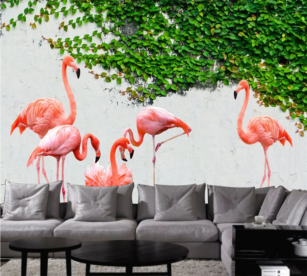 

Пользовательские 3D Обои фреска Фламинго зеленый лист ТВ Фон Стена