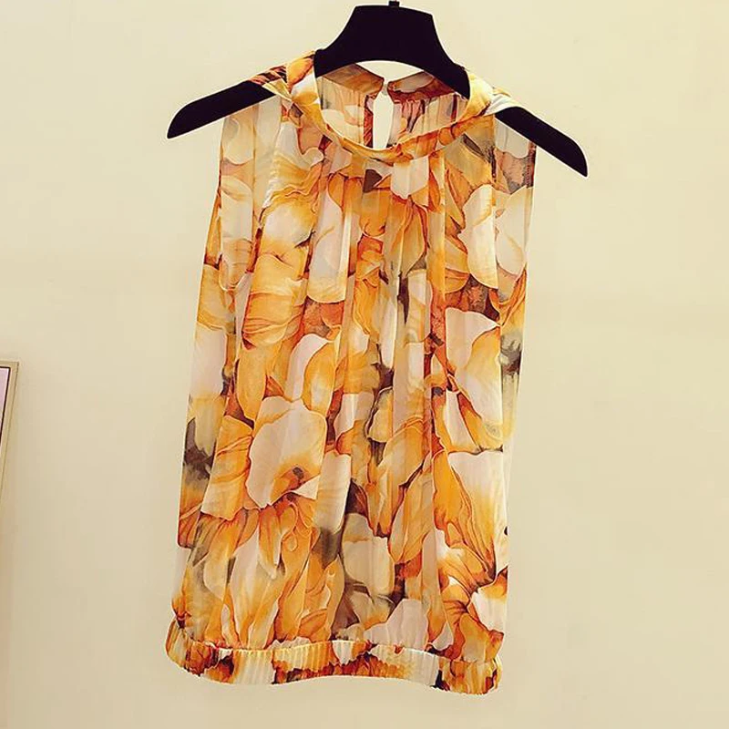 Chemisier à fleurs en mousseline de soie pour femmes, décontracté, sexy, mode coréenne, élégant, ample, sans manches, rétro, chemise vintage, été,