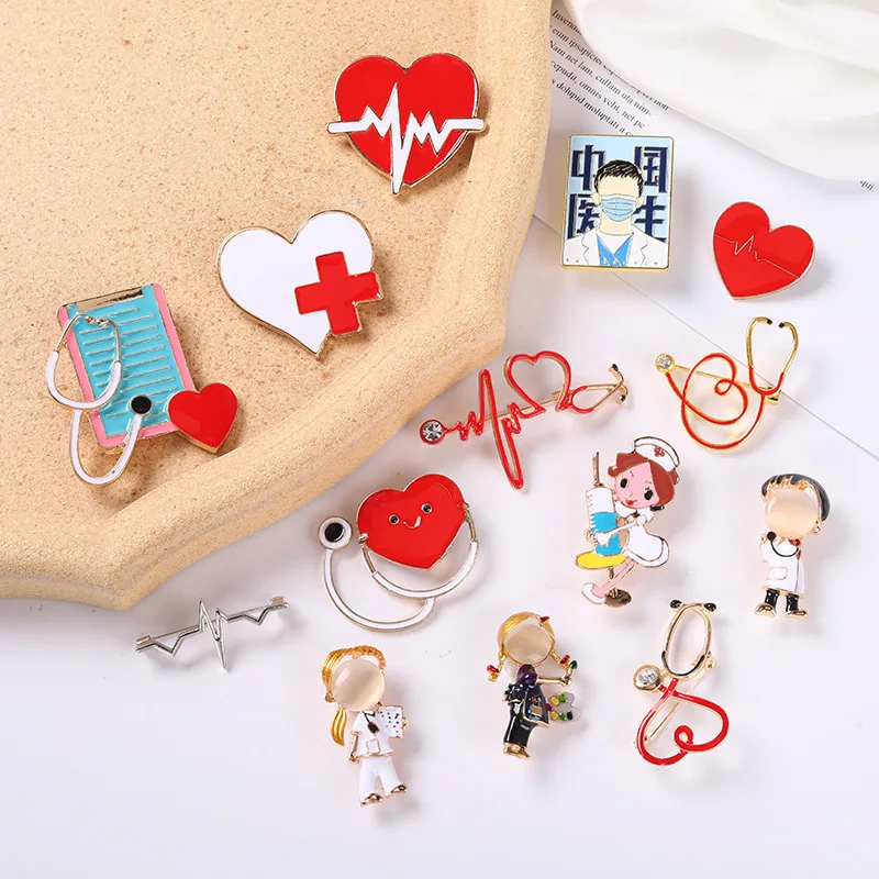 Creative Fun Medical Equipment Enamel Brooch Red Heart Stethoscope ECG Boy Girl Doctor Alloy Pins Punk Jewelry Gift For Friends