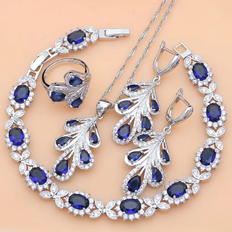 

925 Sterling SilverJewelry Set Blue Sapphire White Crystal Costume for Women Stones Leaves Earrings Rings Bracelet Necklace Set