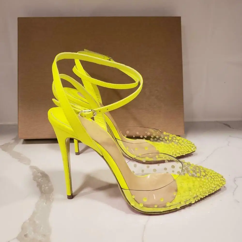 Bright Neon Yellow Rivets Studs Evening Dress Pumps Ladies PVC Patchwork Ankle Strap High-Heeled Prom Shoes Summer High Heels