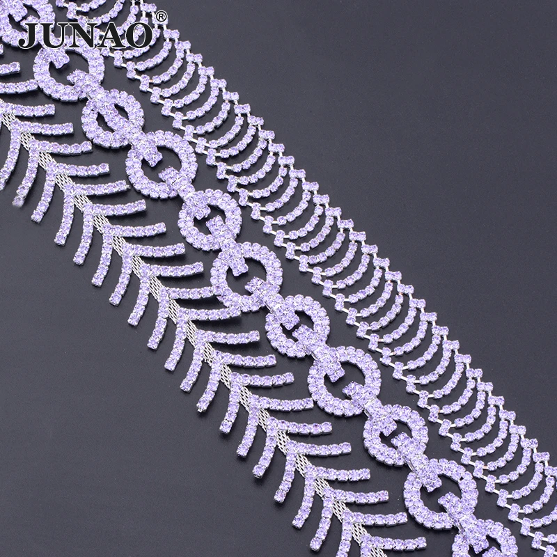 JUNAO 1 Yard Violet Glass Rhinestone Chain Sewing Metal Ribbon Trim Crystal Dress Applique Flatback Strass Banding For Crafts