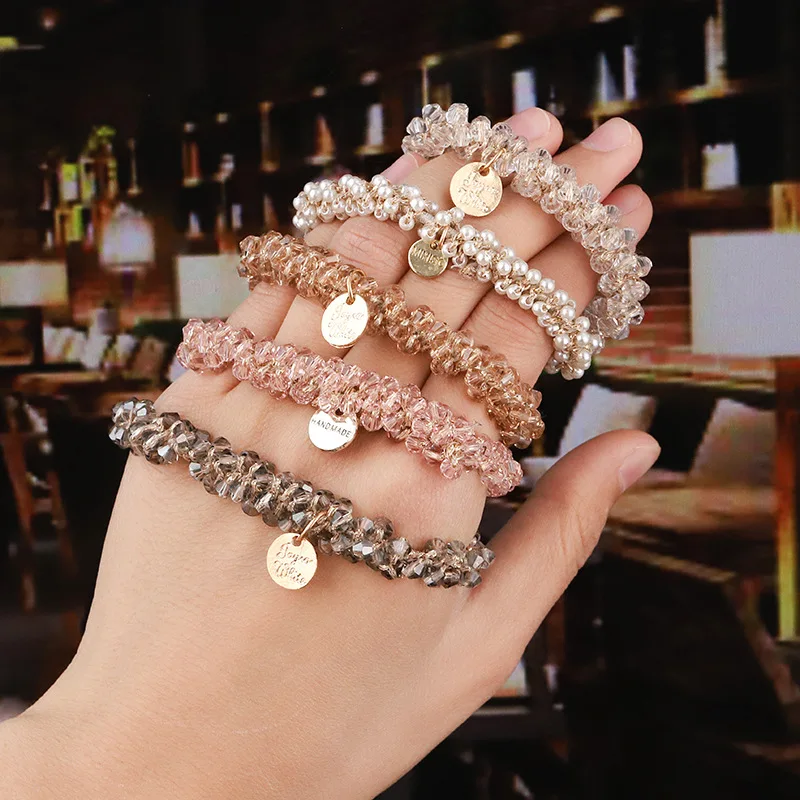 Women Elegant Crystal Pearl Hair Ring Ties Beads Ponytail Holders Hair Accessories Elastic Hair Band Girls Scrunchies Bracelet