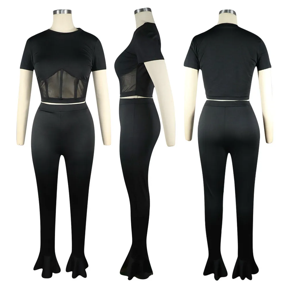 Sexy Two Piece Set Women Clothes Mesh Sheer Splice Crop Top and Flare Pants Suit Rave Festival 2 Pcs Club Outfits Matching Sets