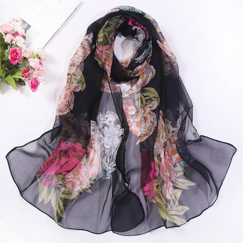 Lily Rose Flower Print Women Foulard Chiffon Georgette Bandana Scarf Long Shawl Summer Beach Sunscreen Scarf hijab Elegant Thin