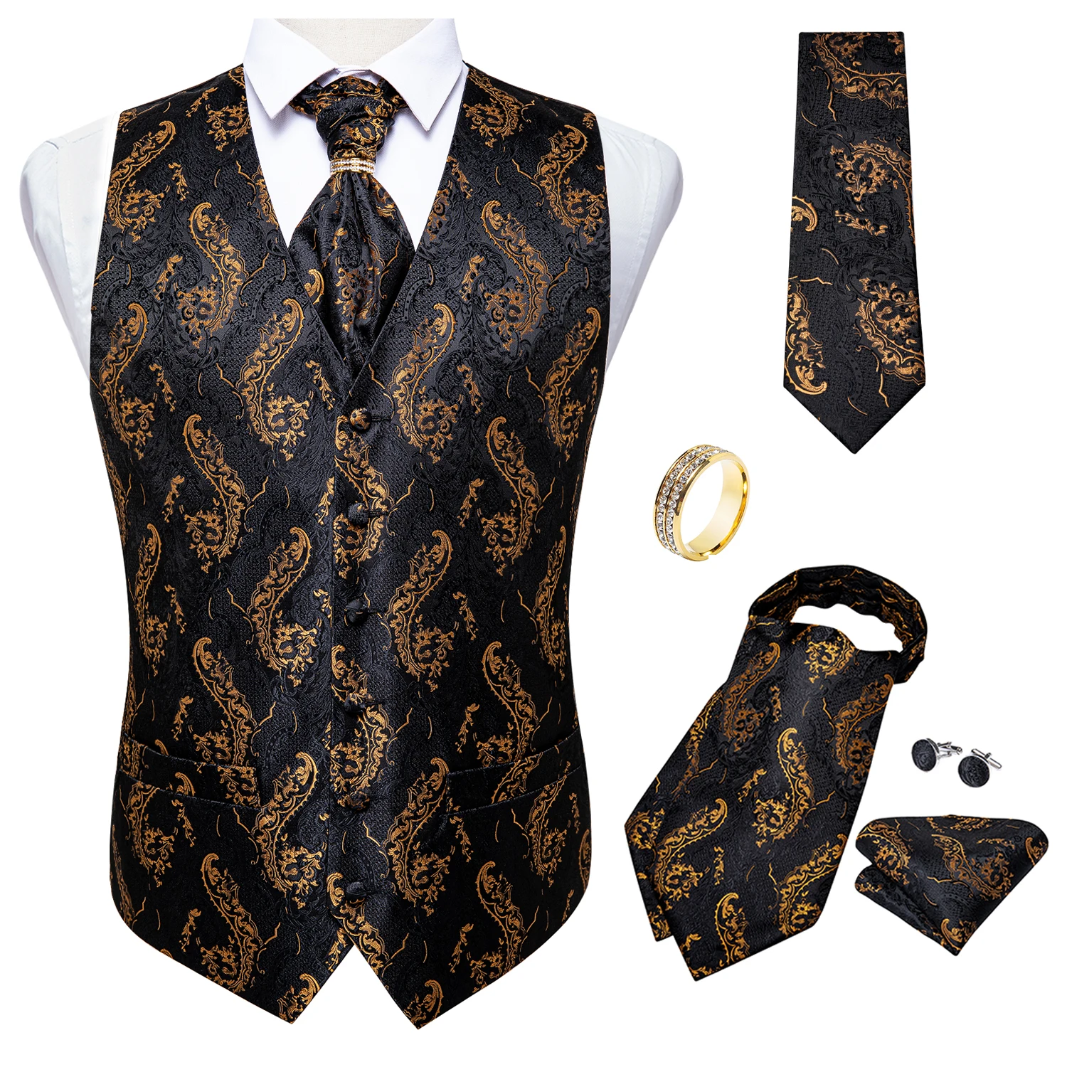 Men Gold Paisley Silk Waistcoat Ascot Tie Pocket Square Necktie Ring Set Wedding Formal Dress Vests Sleeveless Jacket DiBanGu