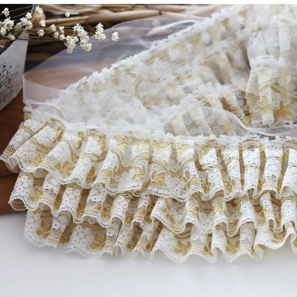 12CM Wide Luxury Three Layers Glitter Golden Embroidered Mesh Fabric 3d Pleated Lace Ruffle Trim Wedding Dresses Sewing Decor