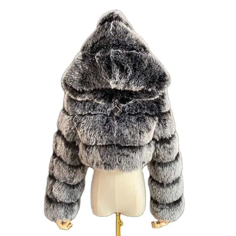 High Quality Furry Cropped Faux Fur Coats and Jackets Women Fluffy Top Coat with Hooded Winter Fur Jacket manteau femme