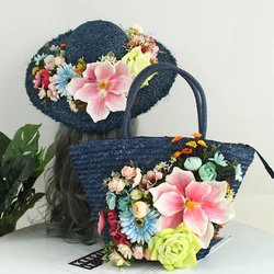 High-end Customized Women Flower Straw Handbag and Hat Suit Colorful Artificial Flower Wave Rattan Summer Beach Holiday Tote