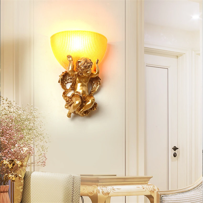 European angel glass wall lamps E27 led bedroom retro living room background wall sconces lights hotel aisle decorative fixtures