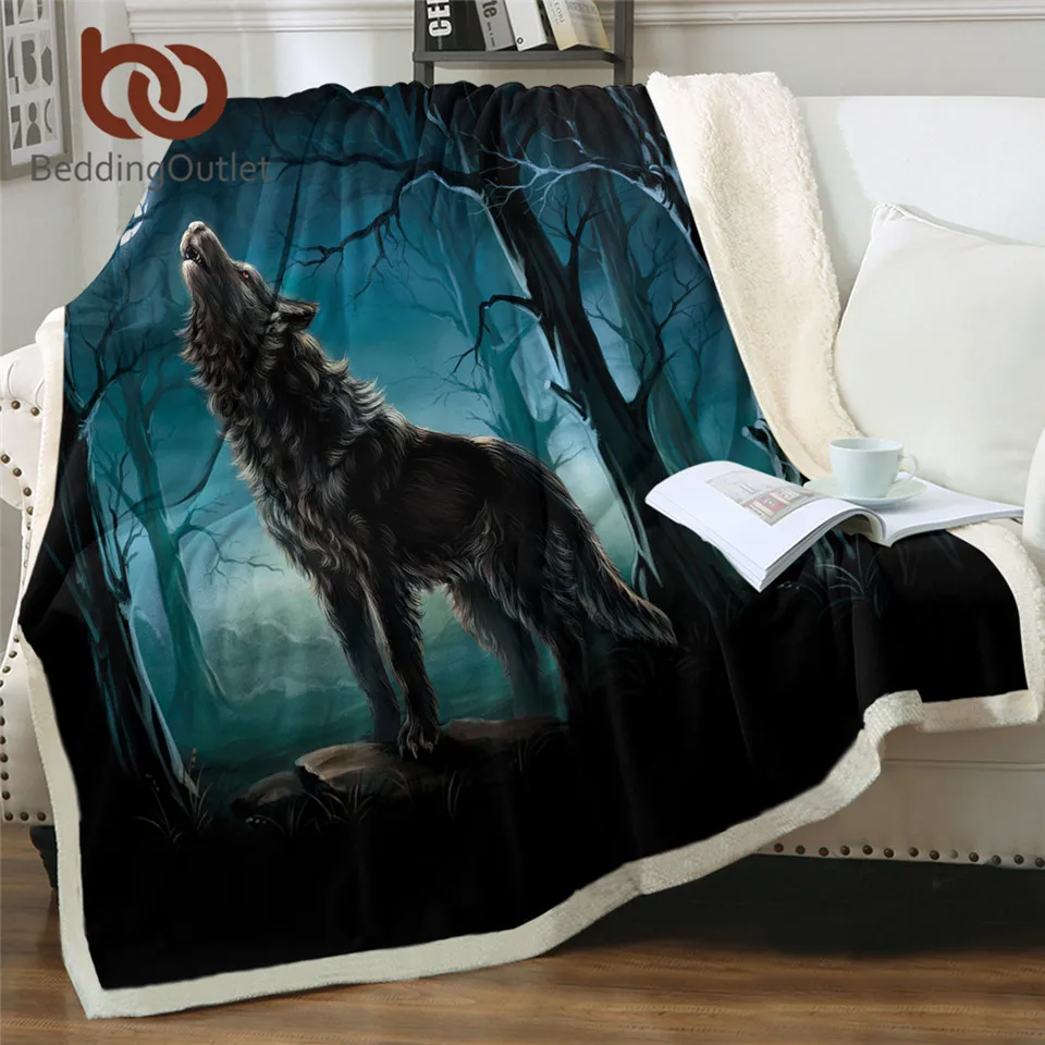 BeddingOutlet Wolf Sherpa Blanket Animal Wolves Custom Blanket Forest 3D Printed Throw Blanket Night Moonlight Bed Blanket