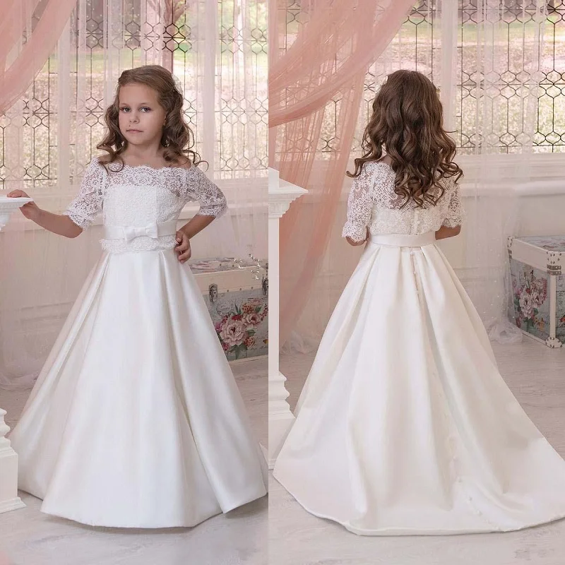 Vestido Formal De flores para niña, vestido De boda De media manga De encaje De satén marfil para niños, vestido De princesa De primera comunión