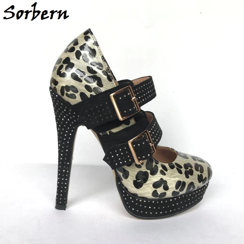 Sorbern Leopard Women Pump High Heel Crystals Studs Mary Jane Shoe Ladies Platform Closed Toe Womens Heels Runway Shoes