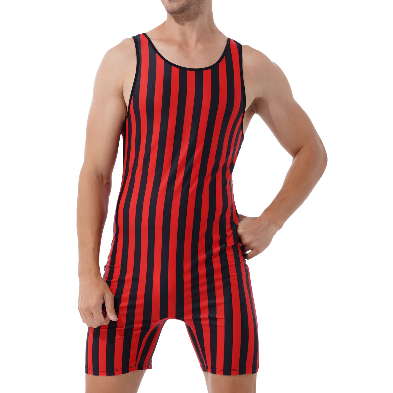 Men Gymnastics Striped Wrestling Singlet Bodysuit Weight Lifting Stretchy Leotard Workout Fitness Outfits Athletic Jumpsuit