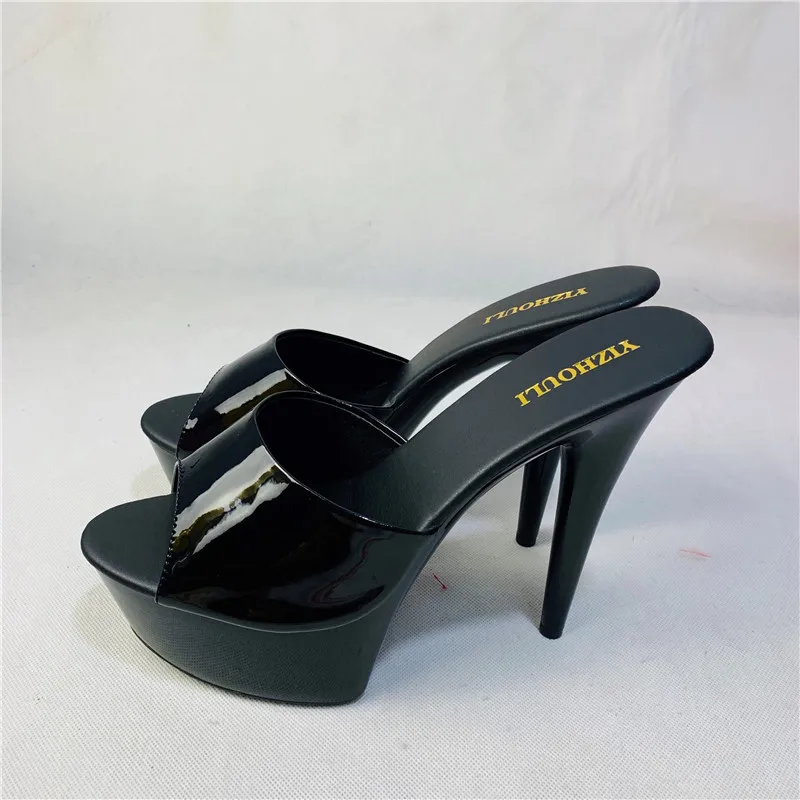 Sexy Women Strippers 15cm High-Heeled Sandals Fashion Shoes Black Patent 6 Inch High Heel Platform Stiletto Sandals