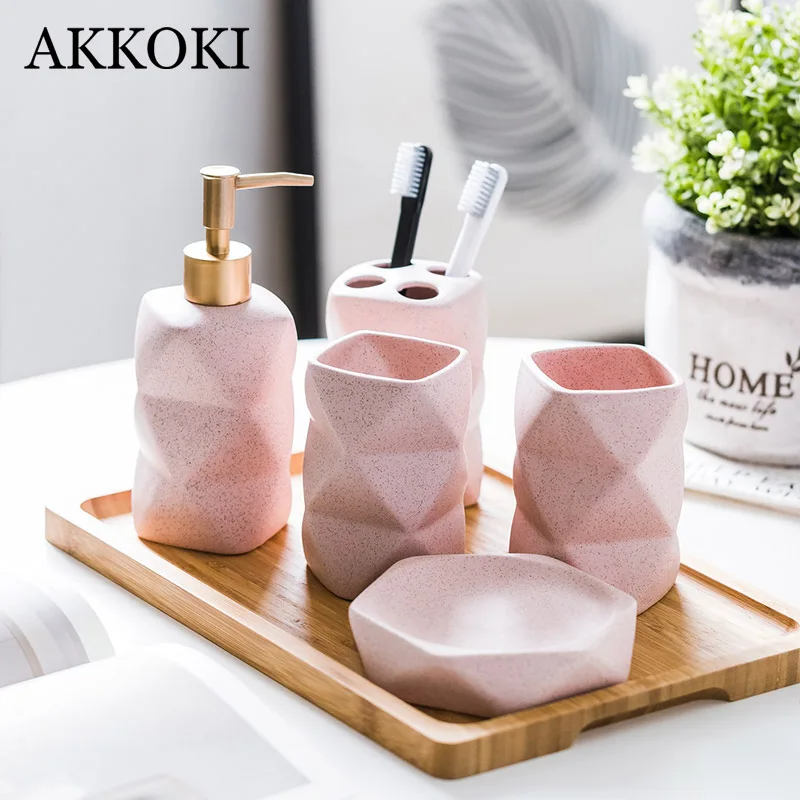 

Bathroom Accessories Sets Decoration Ceramic Soap Dispenser Toothbrush Holder Cup Soap Dish Tray Kitchen Liquid Dishes Container