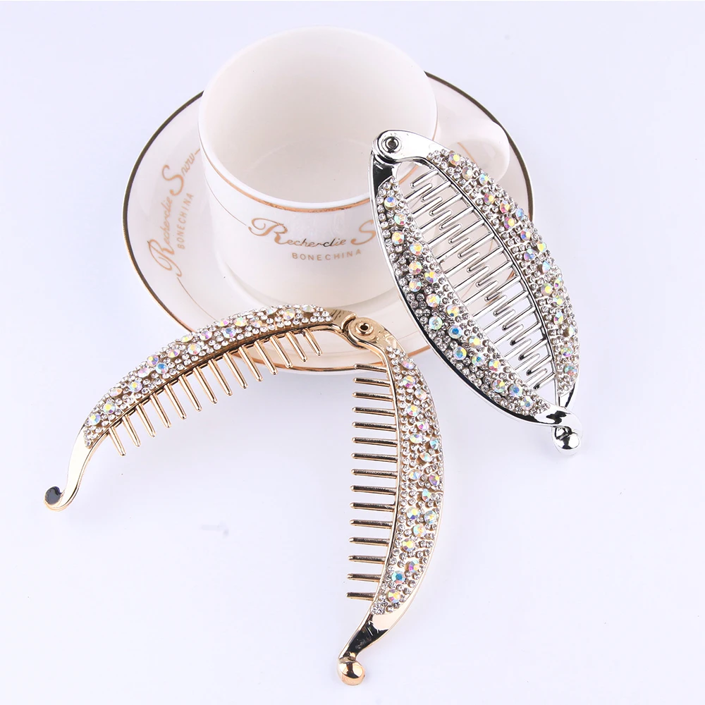 Hair Claws Rhinestone Fish Clip Banana Shape Barrettes Hairpins Hair Accessories For Women Hair Clip Clamp DIY Accessories D3A07