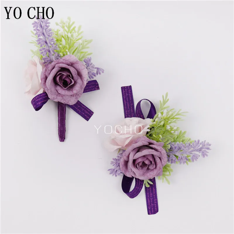 YO CHO Purple Bridesmaid Wrist Flowers Handmade Wedding Corsages and Boutonnieres Brooch Artificial Rose Bride Groom Boutonniere