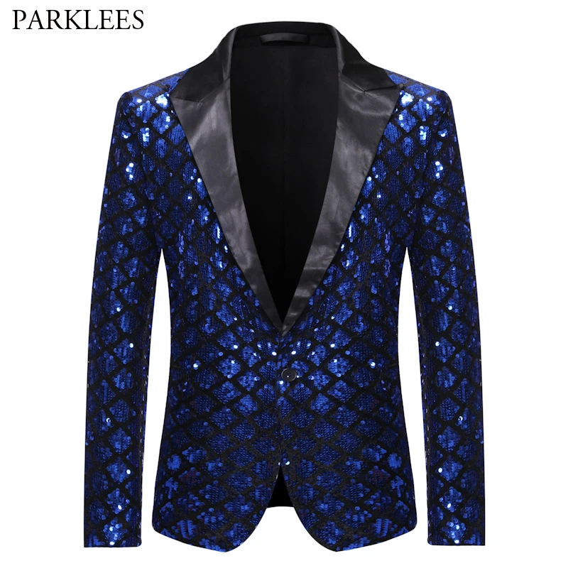 Royal Blue Sequin Glitter Embellished Blazer Jacket Men One Button Shiny Plaid Tuxedo Blazers Mens Nightclub Prom Stage Costumes