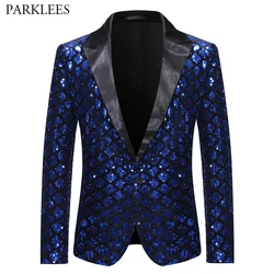 Chaqueta de esmoquin para hombre, Blazer con adornos de lentejuelas y purpurina, azul real, un botón, a cuadros brillantes, trajes de escenario para discoteca y graduación