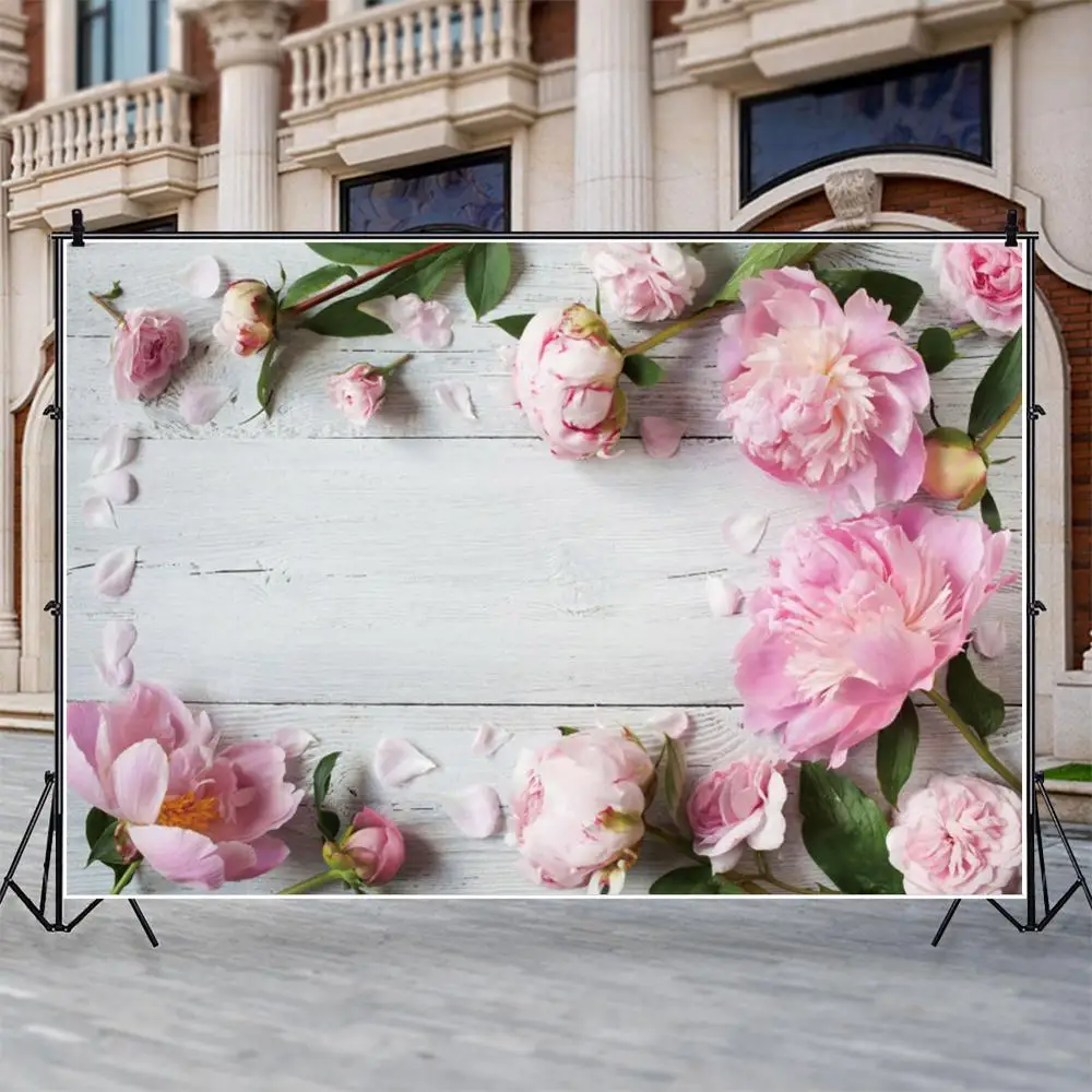 อีสเตอร์ฤดูใบไม้ผลิดอกไม้สีชมพูสีขาวไม้กระดานทารกแรกเกิดวันเกิดการถ่ายภาพฉากหลังพื้นหลังไวนิลPhotophone Photocall Prop