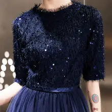 Navy Blue Plus Size Evening Dress with O-neck and Half Sleeves #6