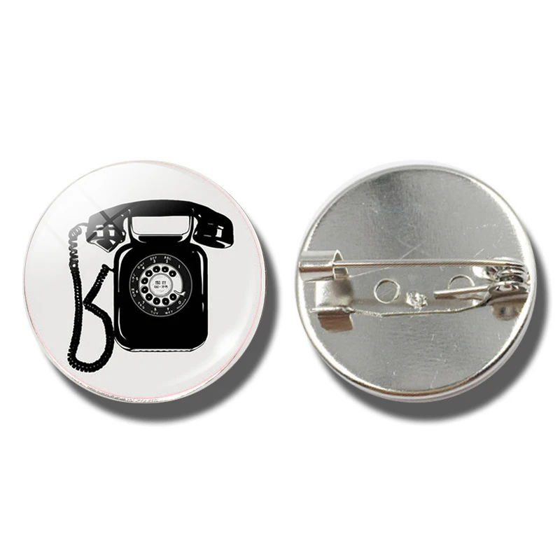 Retro Black and White Vintage Camera Bicycle Phone Silver Plated Brooch Glass Cabochon Dome Jewelry Clothing Accessories Gift