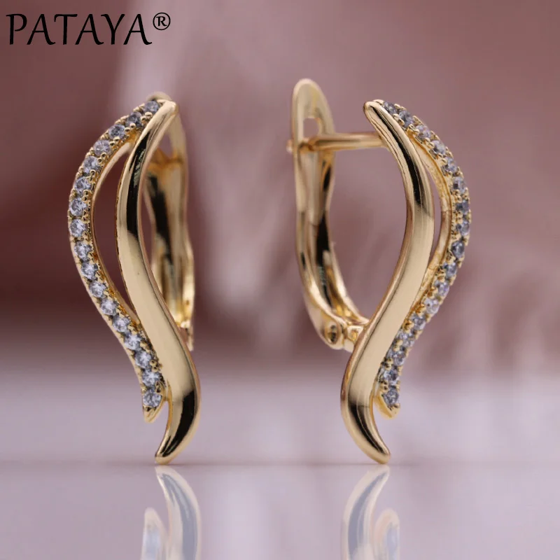 PATAYA New Hollow Leaf Small  Earrings Women 585 Rose Gold Color Drop Earrings Cute Daily Party Natural Zircon Fashion Jewelry
