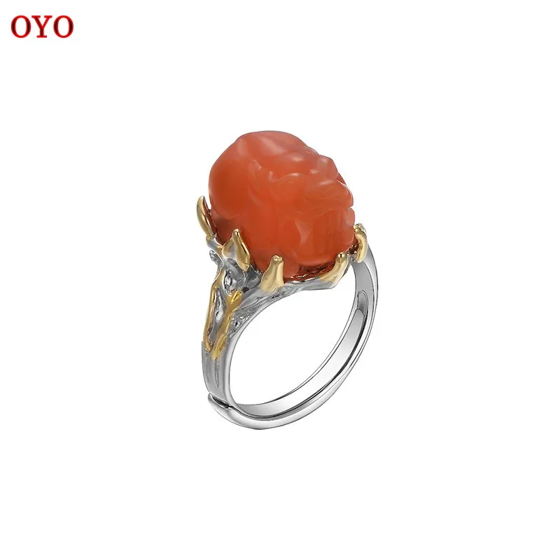 100% s925 silver Baoshan southern red agate ring female national tide retro style personality design live ring