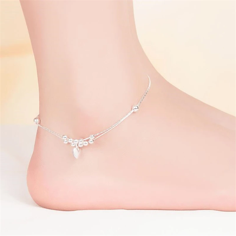 KOFSAC New Fashion Foot Jewelry 925 Sterling Silver Anklets For Women Double Layer Beads Heart Bracelets Girl Party Accessories