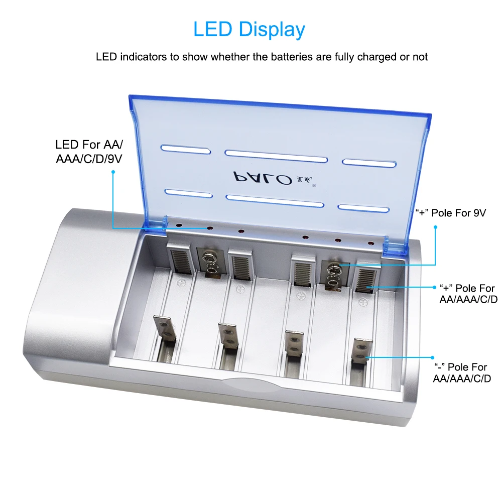 PALO 1.2V AA AAA battery charger C D R20 Battery Charger Quick Charge For 1.2V Ni-MH NI-CD AA AAA C D Size 9V pre-charge bateria