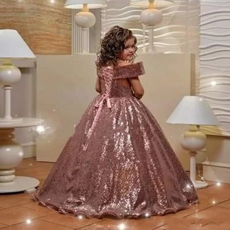 

Rose Gold Sequins Flower Girls Dresses For Wedding Cap Sleeves First Communion Dress Girls Pageant Dress